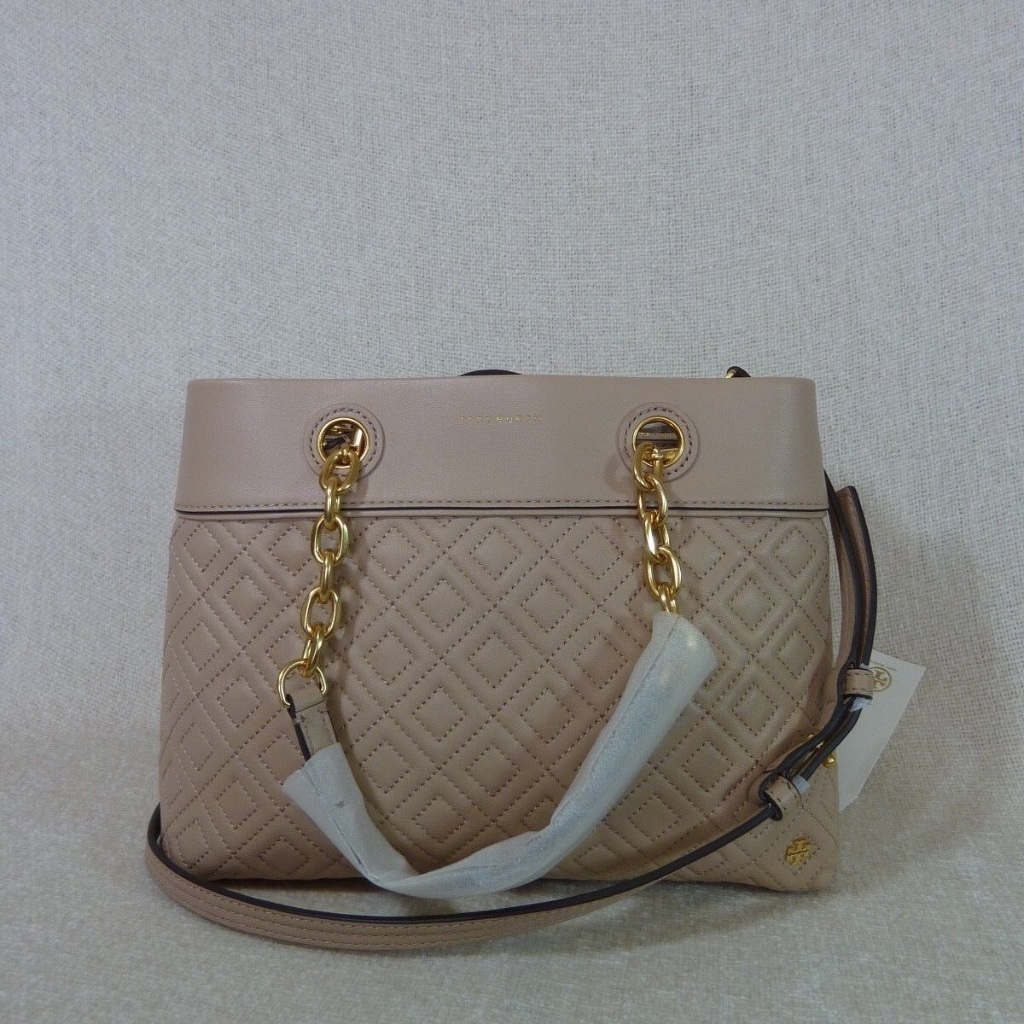 Tory Burch Fleming New Mink Beige Leather Small Tote